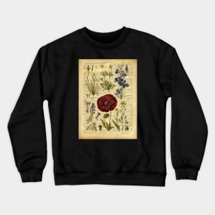 Botanical print, on old book page vintage - red poppy and garden flowers Crewneck Sweatshirt